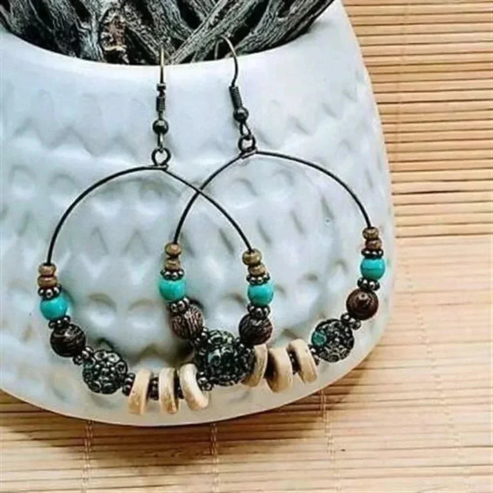 Handcrafted Boho Patina Wood Beads Earrings